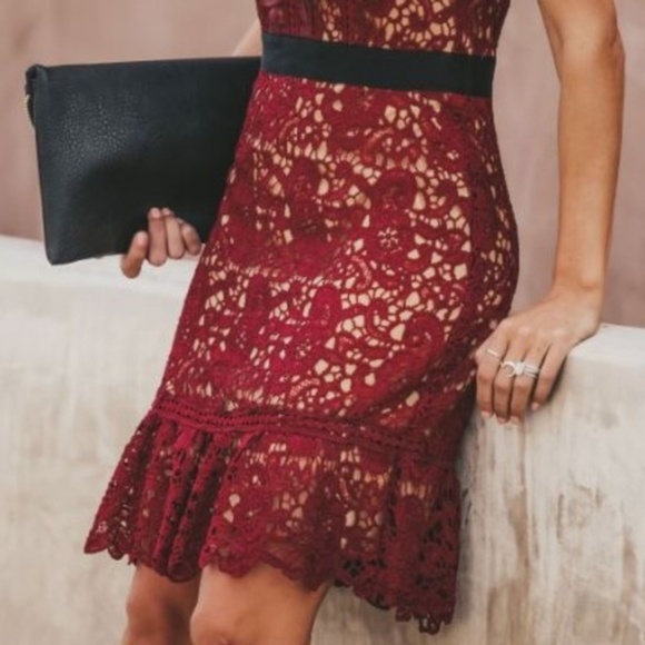 DO + BE Burgundy Wine Embroidered Lace Fit & Flare Knee-Length Cocktail Dress - Picture 6 of 8